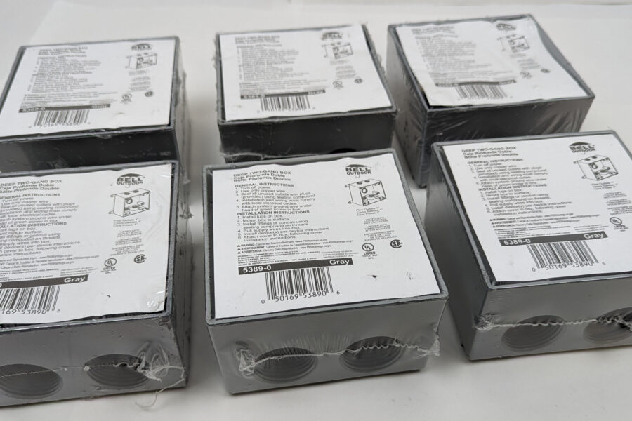 NEW Listing! FREE Shipping! 6 Hubbel Bell Deep 2Gang Weatherproof Outlet Box Gray Five 1″ Outlets 5389-0 NEW