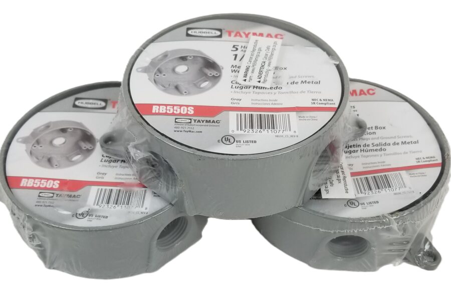 NEW Listing! FREE EXPEDITED PRIORITY MAIL Shipping! 3 TayMac Hubbell SB550S Weatherproof Outlet Box Round Gray Five 1/2″ Outlets NEW
